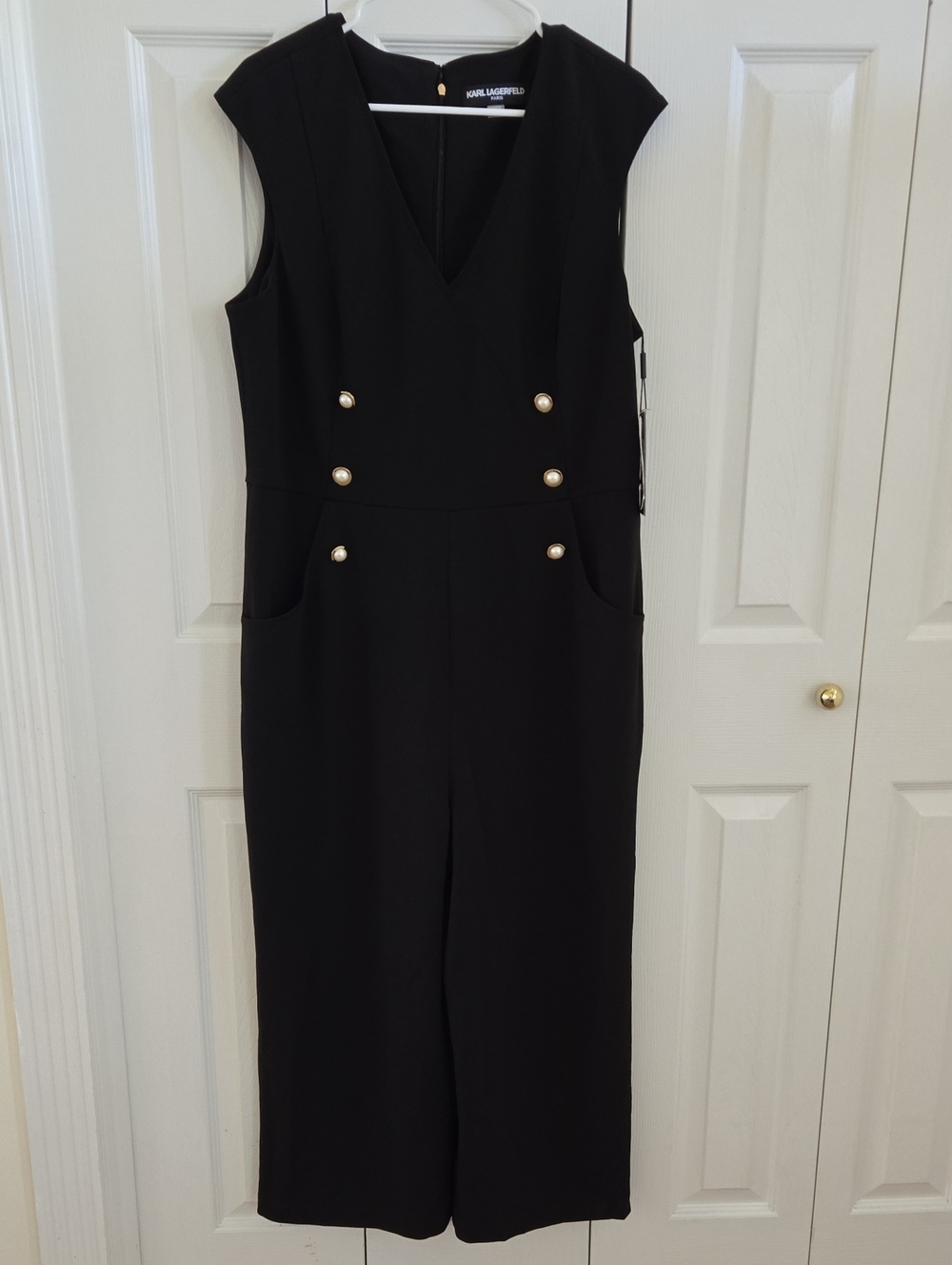 Karl Lagerfeld Black V-Neck Sleeveless Wide-Leg Jumpsuit with Gold Pearl Buttons